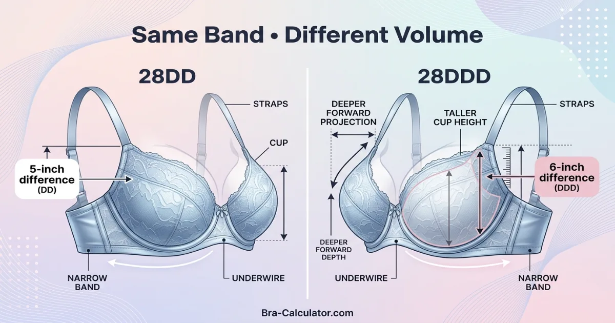 Cup volume diagram comparing 28DD and 28DDD on a narrow 28-inch band — showing one full cup size difference in breast tissue capacity