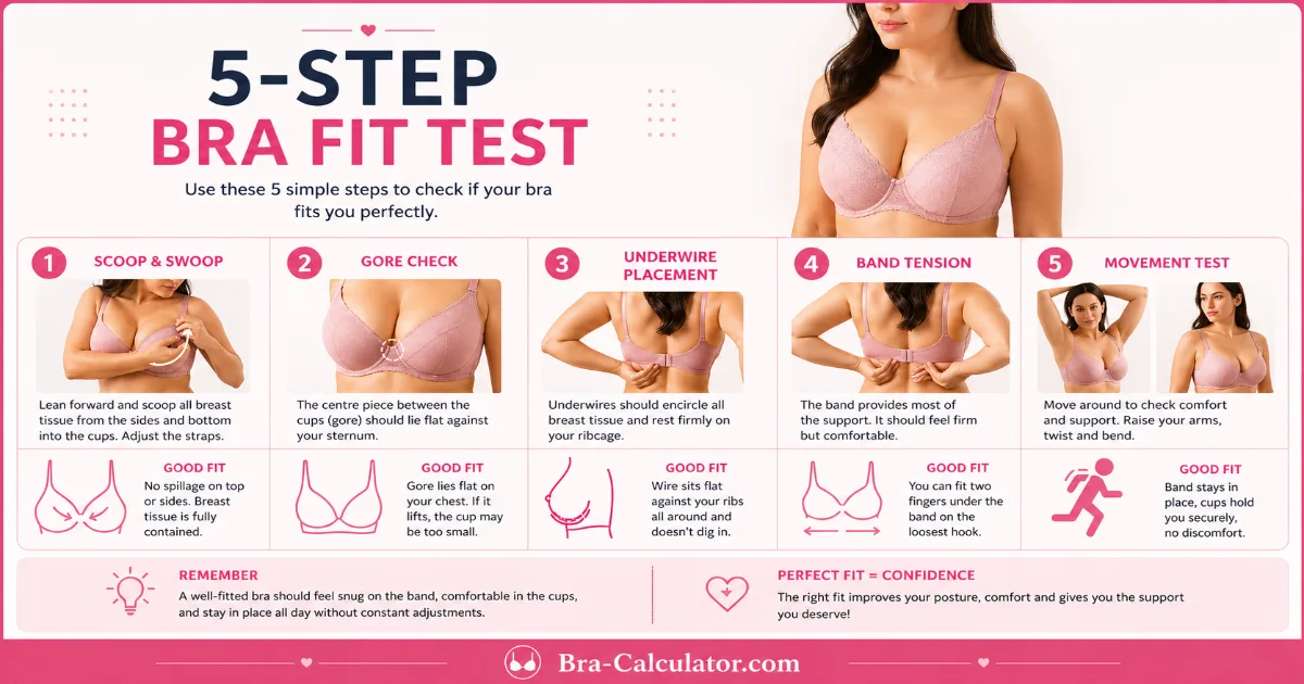 5-step bra fit test infographic for 28F and 30E — scoop and swoop, gore check, underwire placement, band tension, movement test