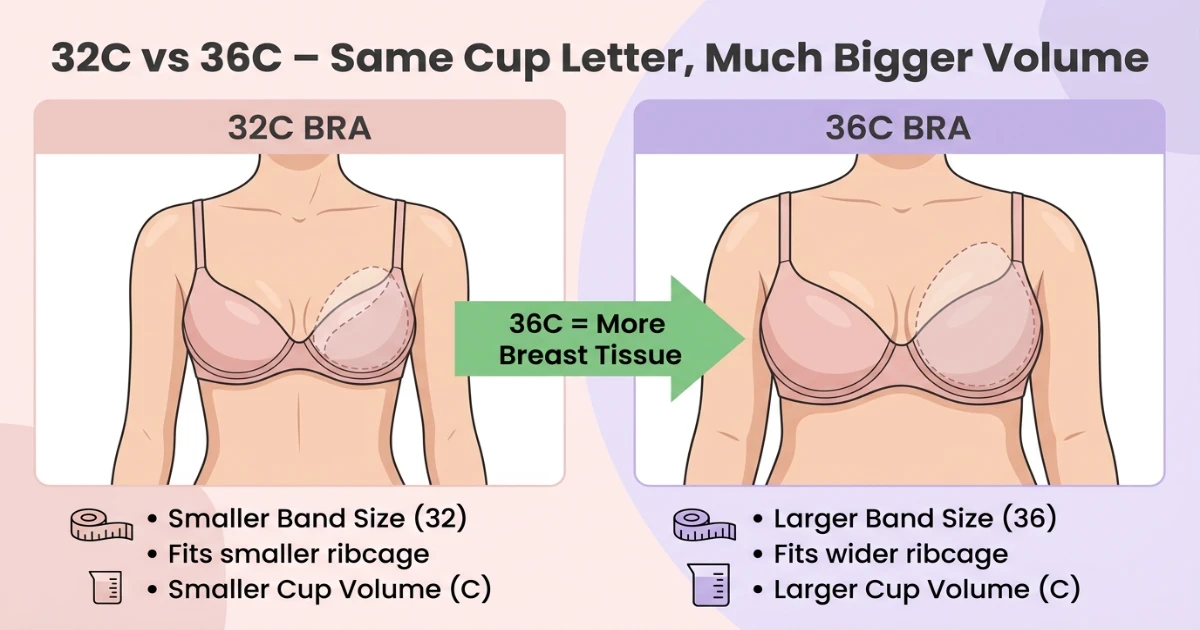 Visual diagram comparing cup volume of 32C vs 36C bra sizes side by side