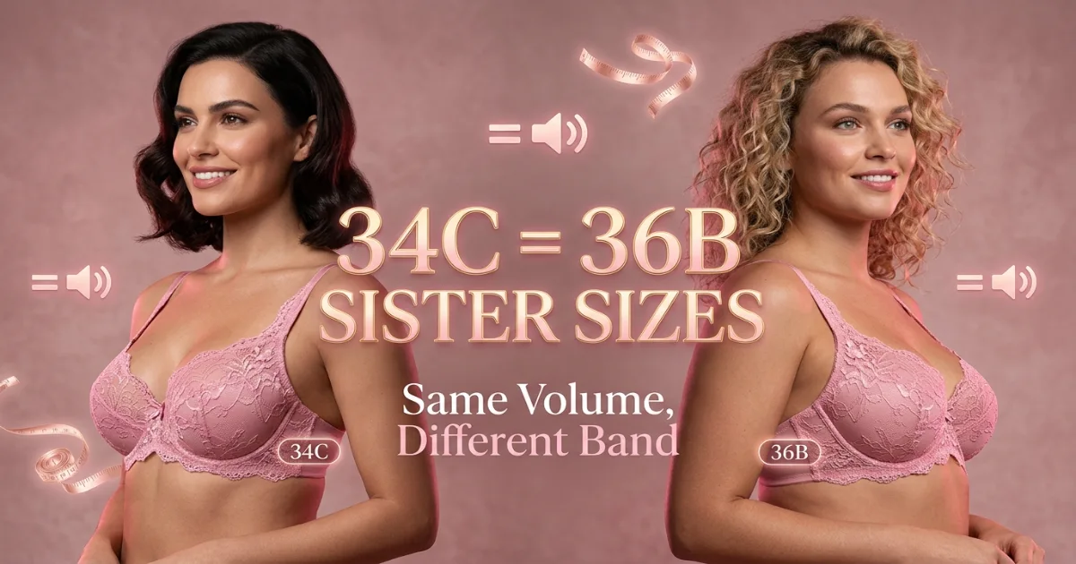 Side-by-side measurement comparison diagram for 34C and 36B bra sizes showing underbust and bust measurements with labels