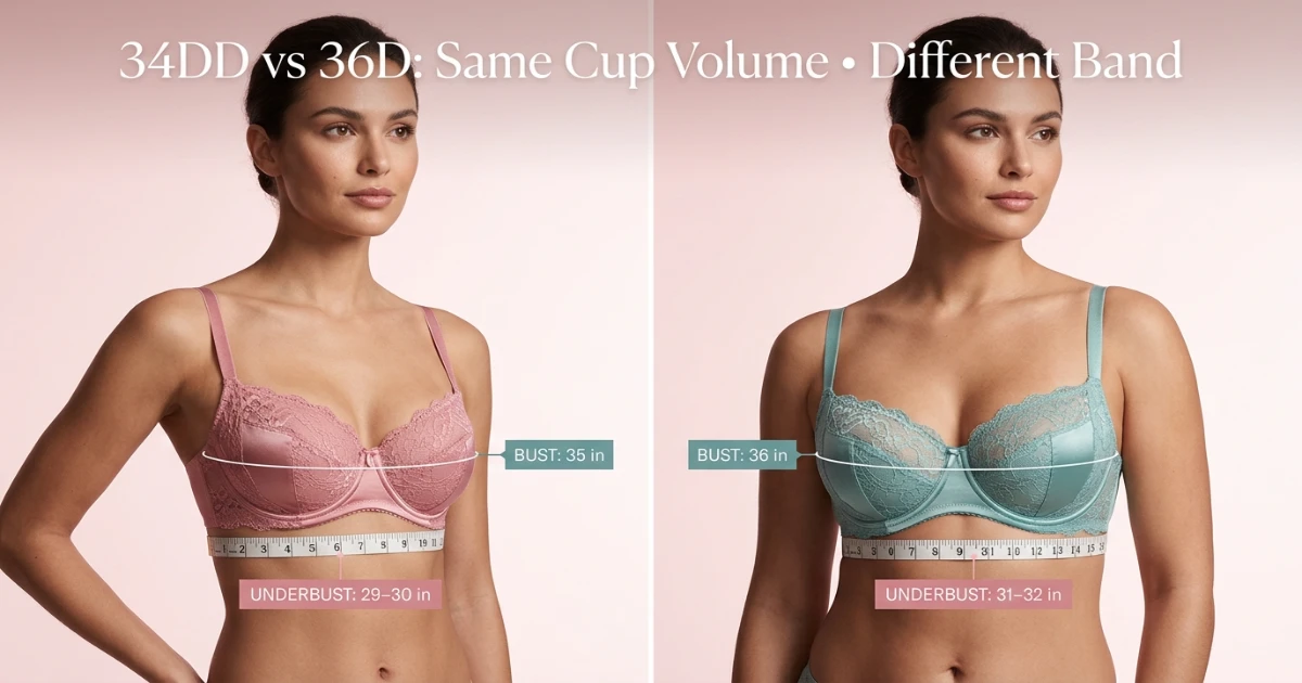 Side-by-side measurement comparison diagram for 34DD and 36D bra sizes with underbust and bust measurements labeled in inches and centimetres