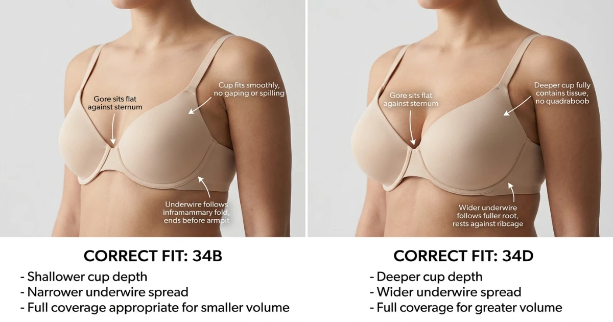 Side-by-side fit comparison showing correct 34B fit versus correct 34D fit on a dress form