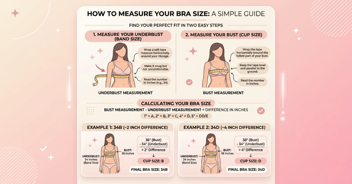 Diagram showing how to measure underbust and bust circumference for 34B and 34D bra sizing