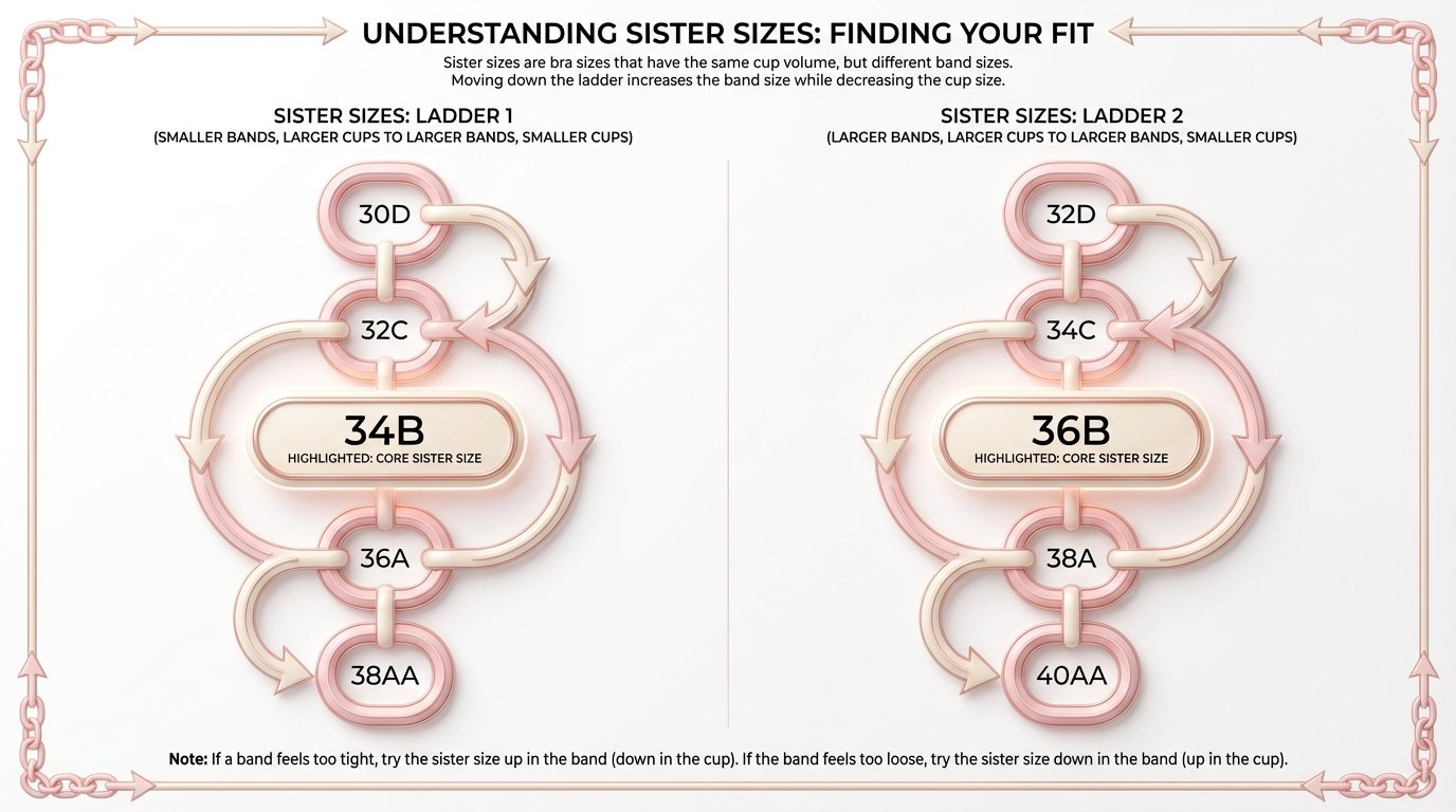 Two separate sister size ladders side by side: the 34B family (32C, 34B, 36A) and the 36B family (34C, 36B, 38A), illustrating they belong to different volume groups