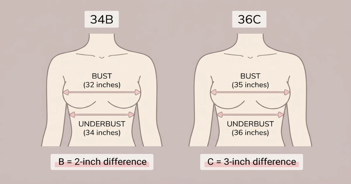 Side-by-side measurement comparison showing 34B and 36C bra sizes with different underbust, band size, bust measurement and cup volume, confirming they are different sizes