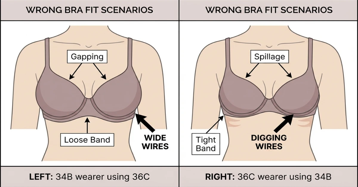 Illustration showing fit problems when 34B and 36C are worn on wrong bodies: gaping cups and wide underwire on a 34B wearer in 36C, versus cup overflow on a 36C wearer in 34B