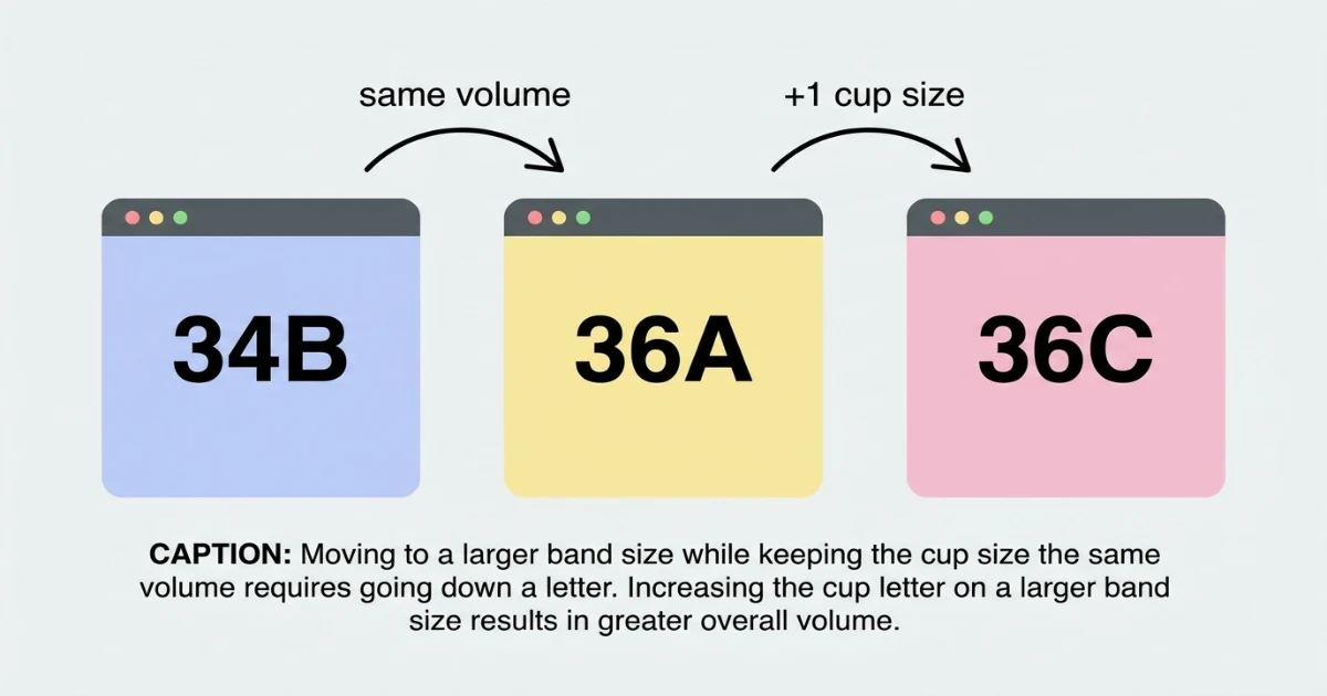 Volume comparison diagram showing 34B as equivalent to 36A via sister sizing, and then 36C as one cup size above 36A — illustrating the volume gap between 34B and 36C