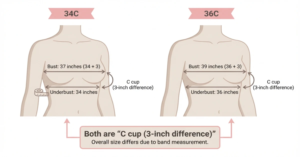 Side-by-side measurement comparison for 34C and 36C showing different underbust and bust measurements despite sharing the same C cup letter