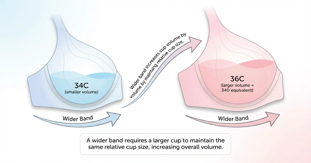Cup volume comparison diagram for 34C and 36C showing the 36C holds more volume, with annotation that 36C equals 34D in cup volume