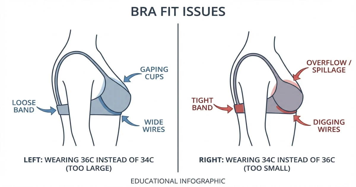 Illustration showing common fit problems: a 34C wearer in a 36C with gaping cups and wide underwires, versus a 36C wearer in a 34C with cup overflow and tight band