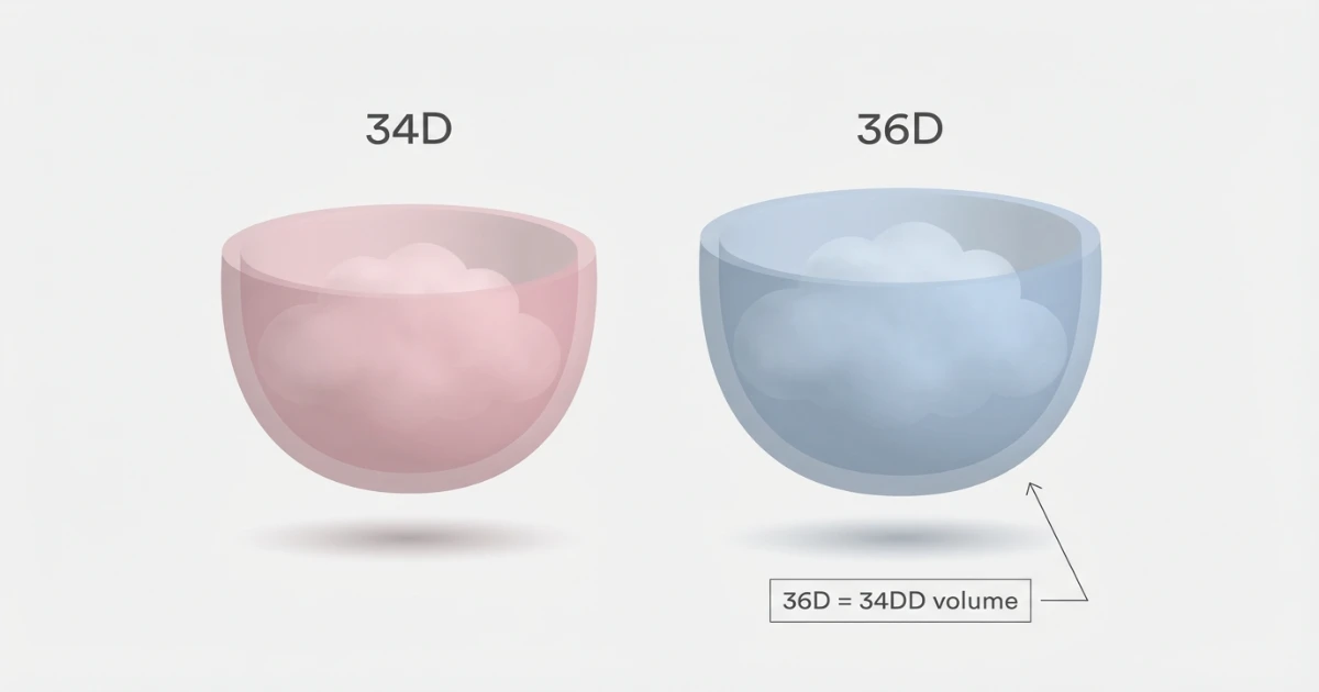 Cup volume comparison diagram for 34D and 36D showing the 36D holds more volume with annotation that 36D equals 34DD in cup volume