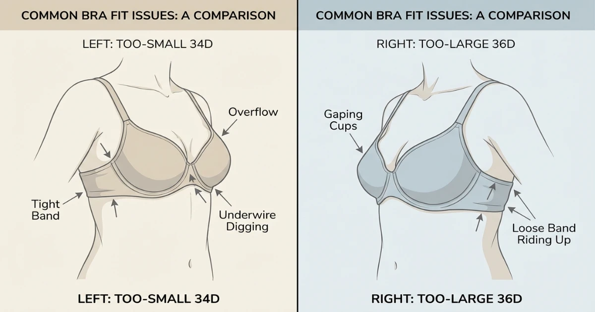 Illustration showing fit problems: a 34D wearer in a 36D experiencing gaping cups and wide underwires on bare ribcage, versus a 36D wearer in a 34D experiencing cup overflow and tight band