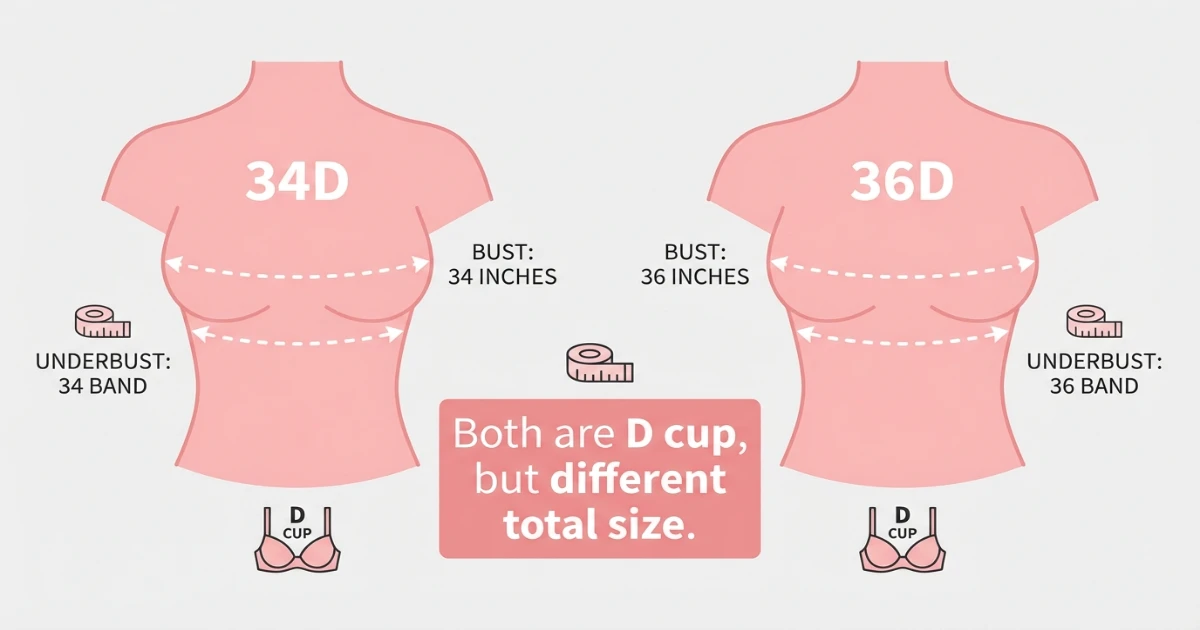 Side-by-side measurement comparison for 34D and 36D bra sizes showing different underbust and bust measurements despite sharing the same D cup letter