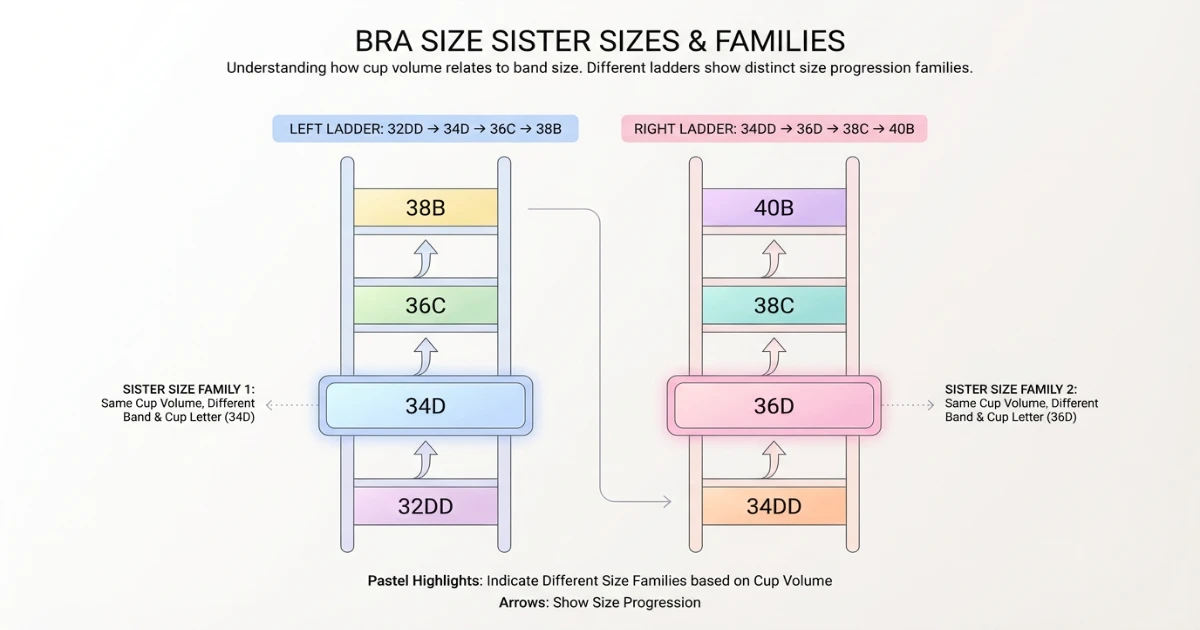 Diagram showing two separate sister size ladders: 34D family (32DD, 34D, 36C, 38B) and 36D family (34DD, 36D, 38C, 40B) confirming they are in different volume families