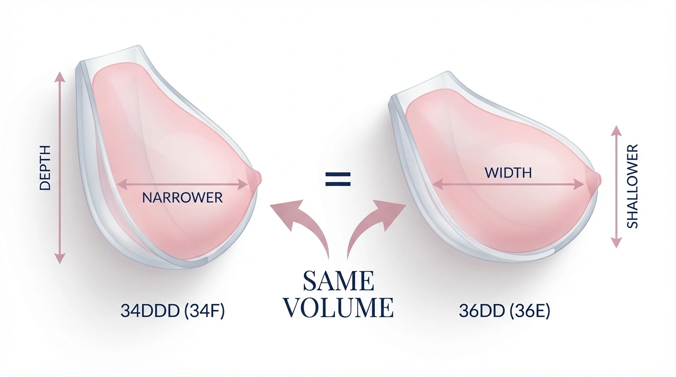Cup volume diagram showing how 34DDD and 36DD achieve equal breast tissue volume through different proportions of cup depth and width on narrower and wider band frames