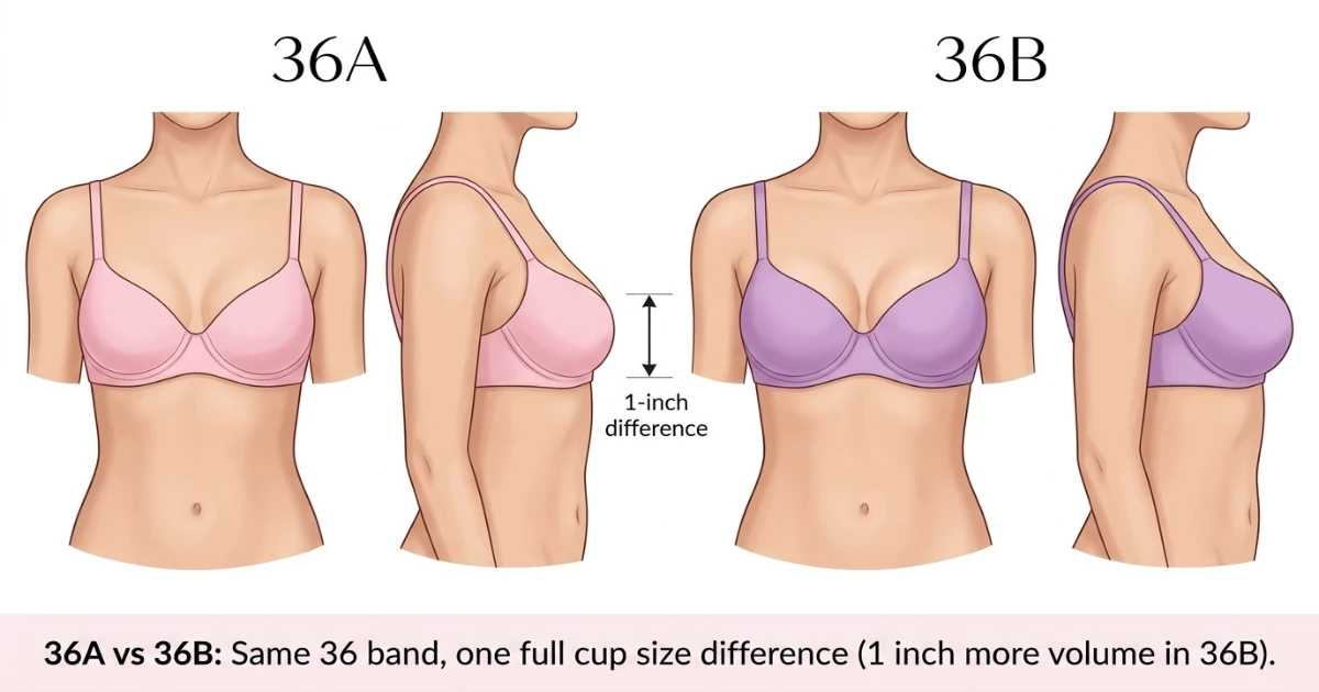 Side-by-side diagram of 36A and 36B bra cups on the same 36 band showing the one-cup-size volume difference