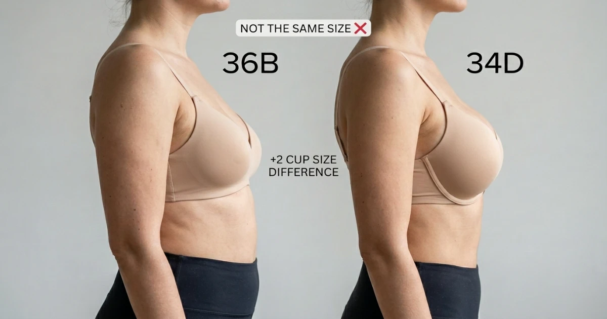 Comparison diagram of 36B and 34D bra sizes showing different band widths and significantly different cup volumes — 34D holds two full cup sizes more than 36B