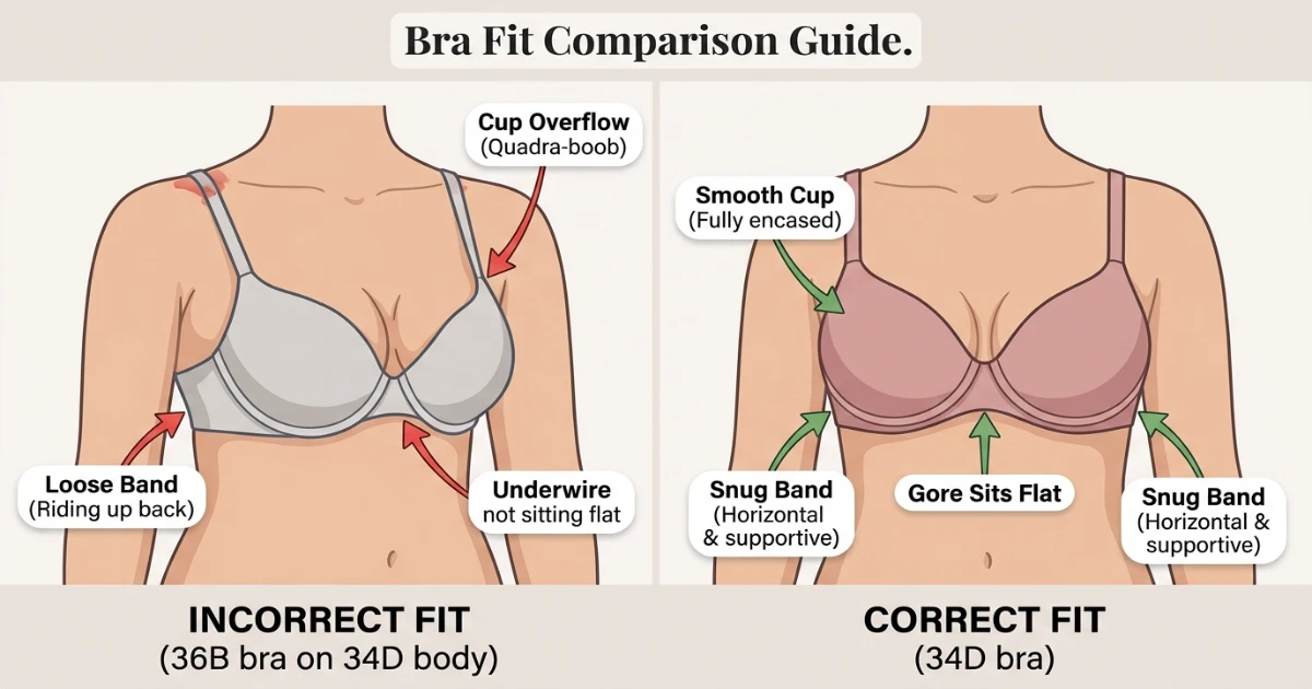 Side-by-side illustration showing correct fit for 36B on a wider frame and 34D on a narrower frame — same absolute bust, different proportions and bra sizes
