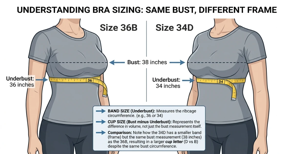 Measurement diagram showing how a 36-inch underbust with 38-inch bust gives 36B while a 34-inch underbust with 38-inch bust gives 34D — same bust, different size
