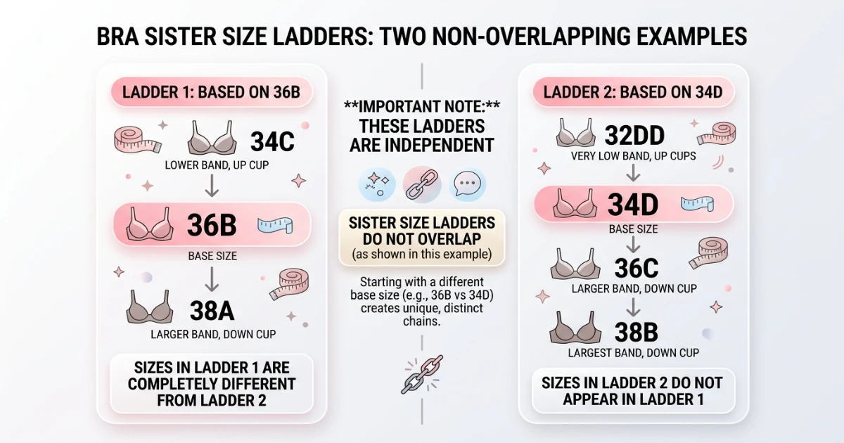 Size chart diagram showing 36B and 34D in separate sister size families two volume rungs apart — 36B family (34C, 36B, 38A) and 34D family (32DD, 34D, 36C, 38B)