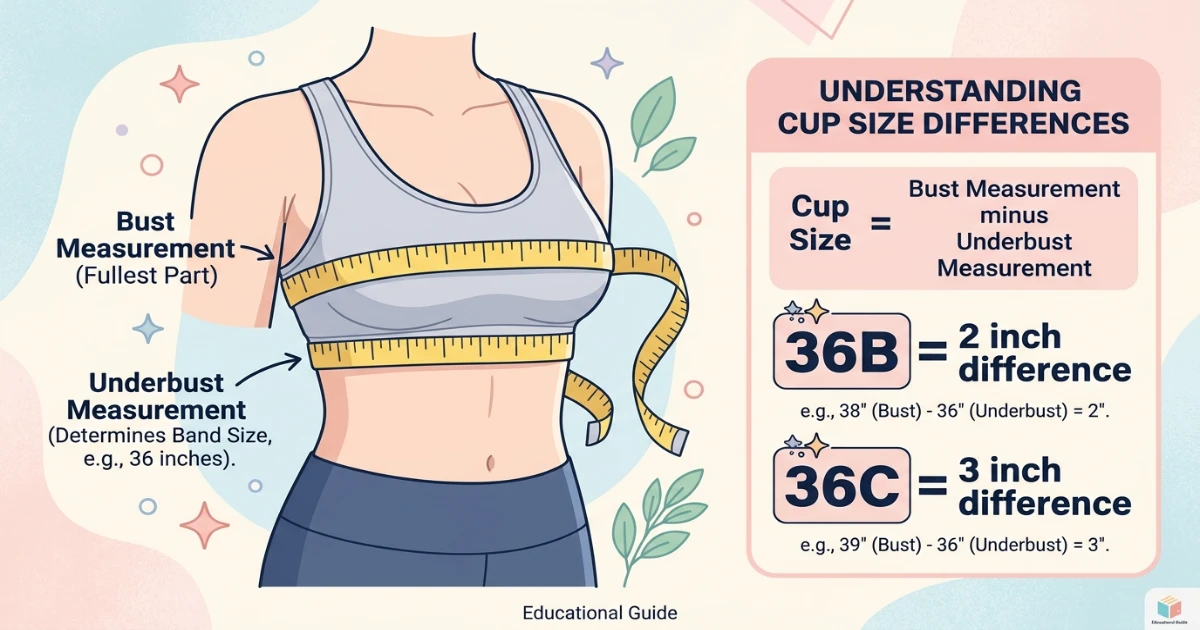 Measurement diagram showing how a 2-inch bust-to-underbust difference gives 36B and a 3-inch difference gives 36C on the same 36 band