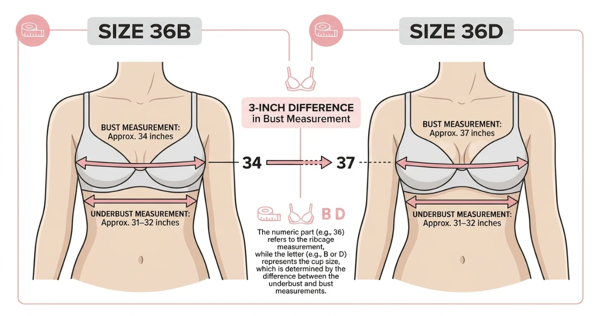 Side-by-side measurement comparison diagram for 36B and 36D bra sizes showing equal underbust measurements but significantly different bust measurements and cup volumes