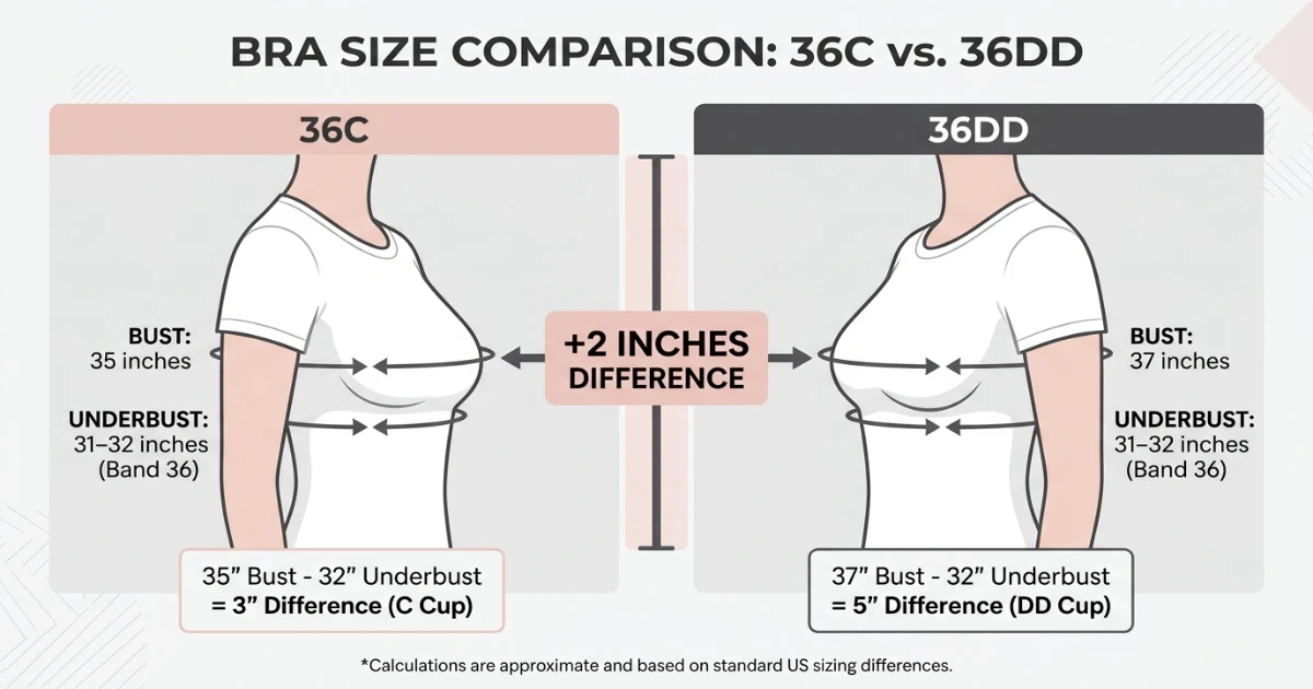 Side-by-side measurement comparison showing 36C and 36DD on the same band with equal underbust measurements but significantly different bust measurements and cup volumes