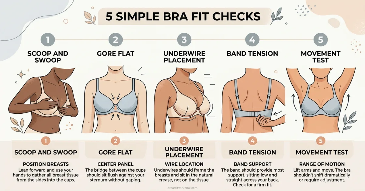 Bra fit test infographic for the 36C vs 36DD comparison showing five checks focused on cup depth, gore position, underwire width, band tension and movement test