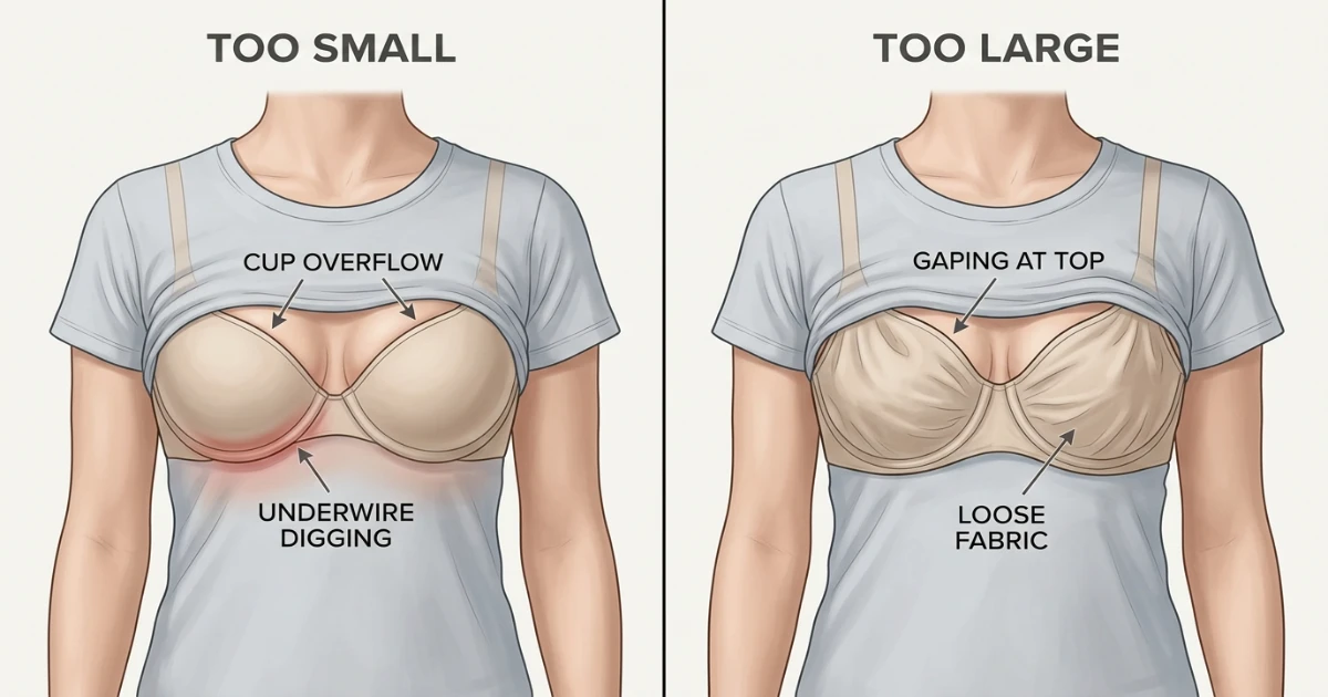 Illustration showing fit problems: a 36C wearer in a 36DD experiencing gaping cups and wide underwires, versus a 36DD wearer in a 36C experiencing cup overflow and underwire on breast tissue