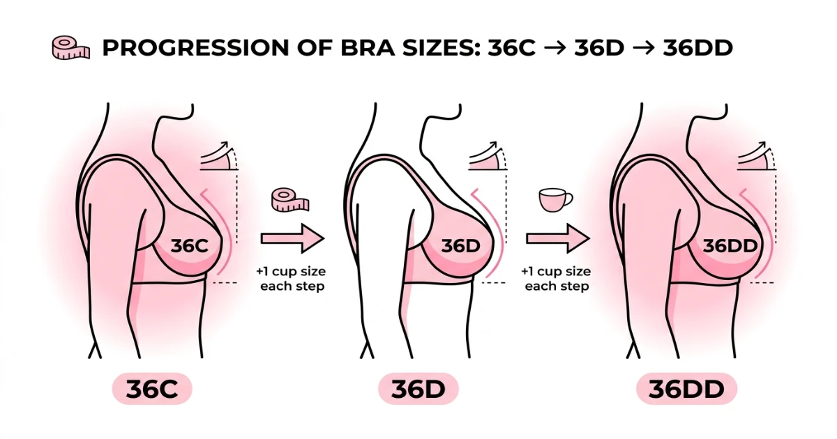 Cup volume progression diagram showing 36C, 36D and 36DD on the same band with increasing cup depth and volume, highlighting the two-step gap between 36C and 36DD