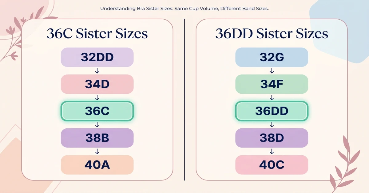 Diagram showing two separate sister size ladders: 36C family (32DD, 34D, 36C, 38B, 40A) and 36DD family (32DDDD, 34DDD, 36DD, 38D, 40C) confirming they belong to different volume families