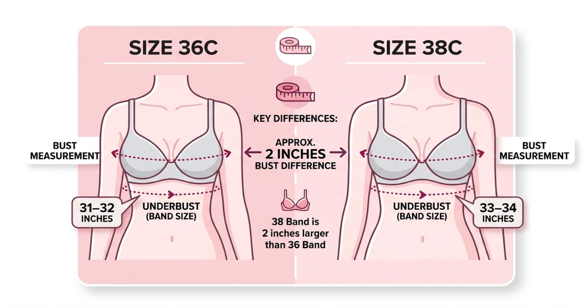 Side-by-side measurement comparison diagram for 36C and 38C bra sizes showing different underbust, bust, and cup volume measurements despite sharing the same C cup letter