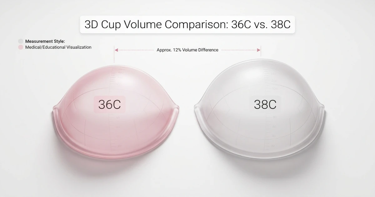 Cup volume comparison diagram showing that 36C and 38C have different enclosed volumes despite sharing the same C cup letter, with measurements annotated showing the 2-inch bust difference