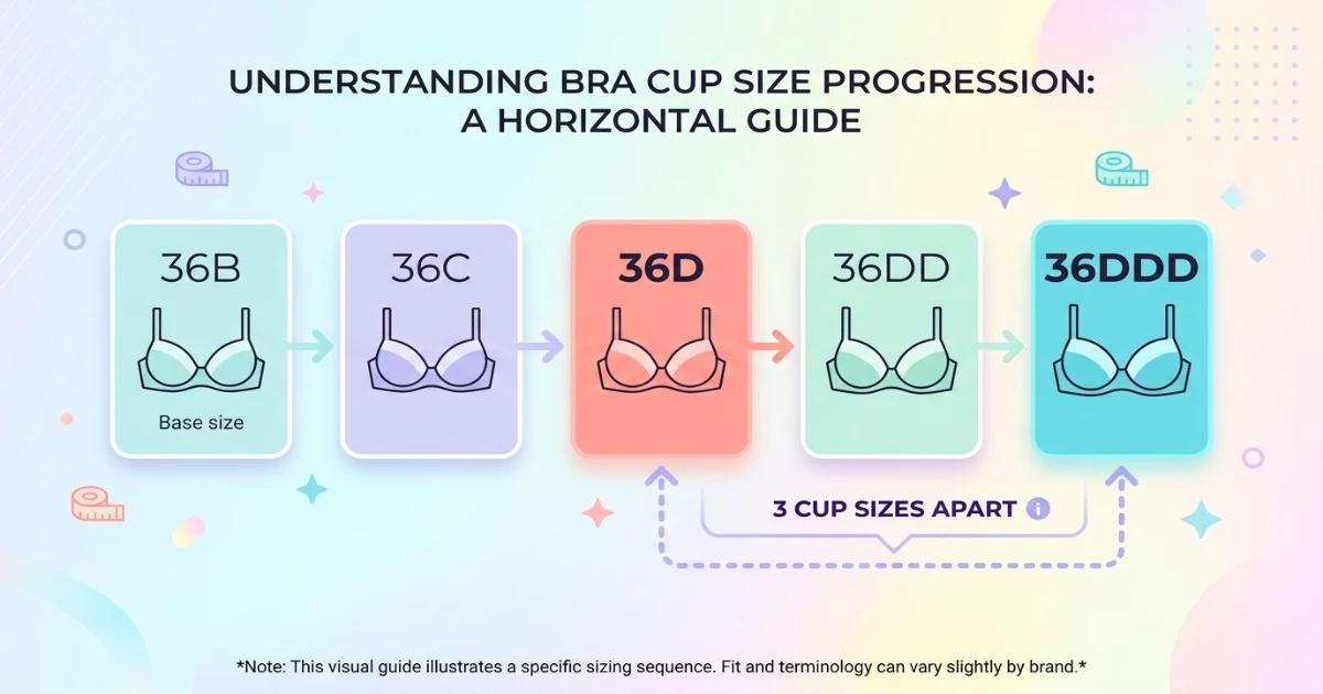 Cup volume progression diagram showing 36D, 36DD, and 36DDD on the same band with increasing cup depth and projection, highlighting the three-step gap with 36DD as the clear midpoint