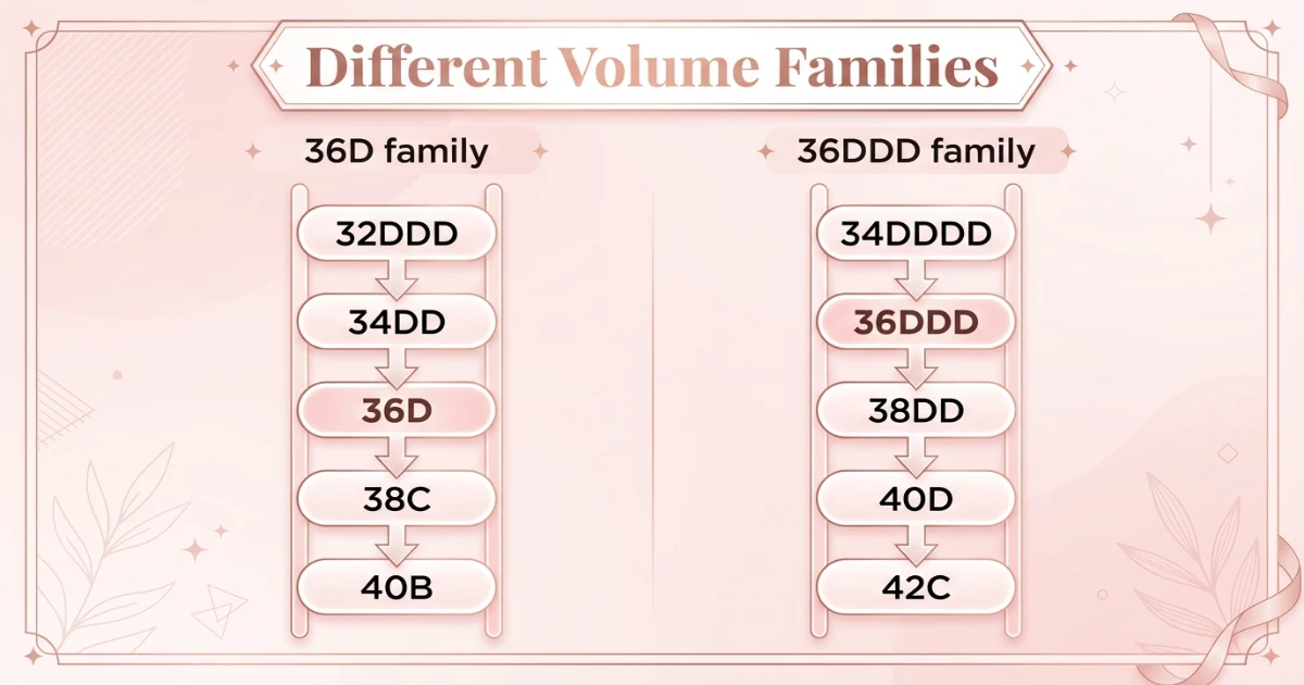 Diagram showing two separate sister size ladders three volume rows apart: 36D family (32DDD, 34DD, 36D, 38C, 40B) and 36DDD family (34DDDD, 36DDD, 38DD, 40D, 42C)