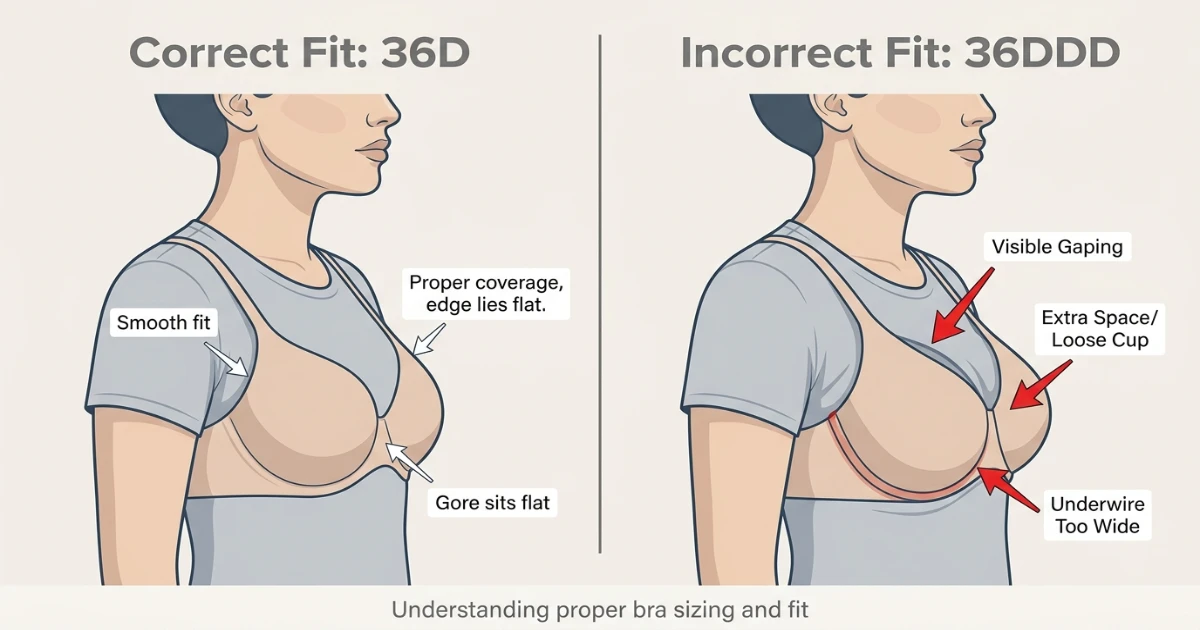 Illustration showing fit problems: a 36D wearer in a 36DDD experiencing significant gaping and wide underwires on bare ribcage, versus a 36DDD wearer in a 36D experiencing pronounced cup overflow and underwire on breast tissue
