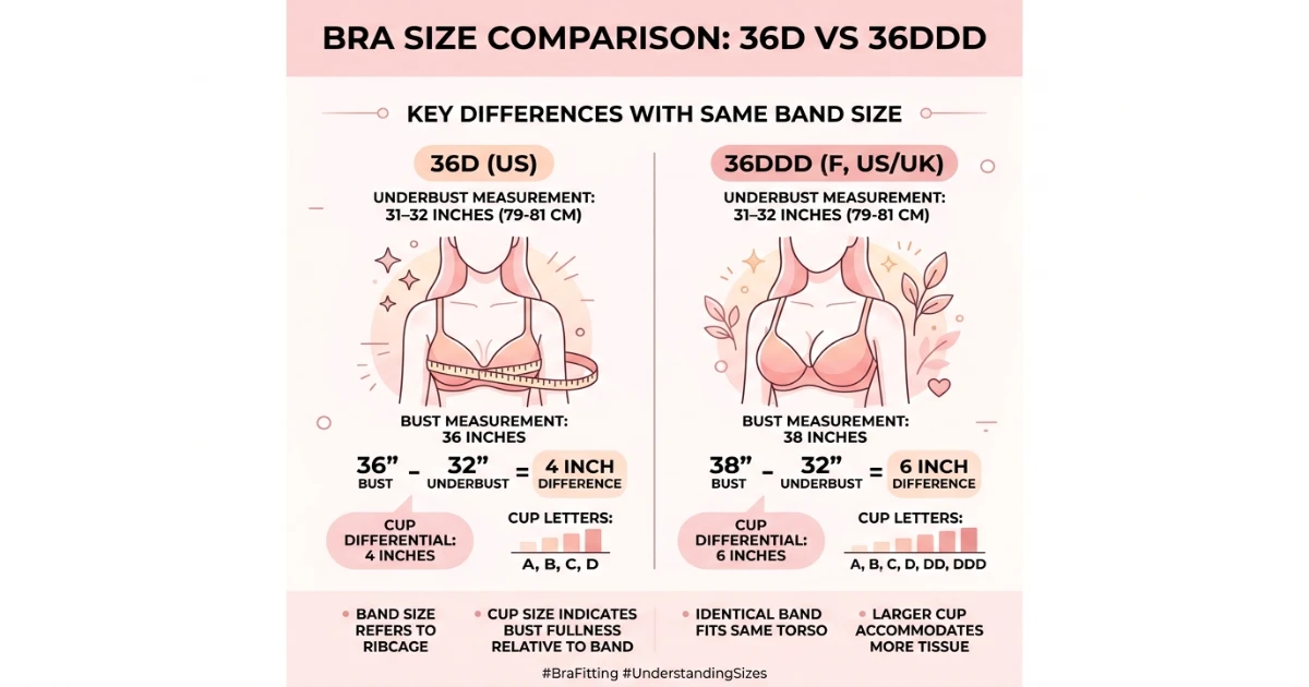 Side-by-side measurement comparison showing 36D and 36DDD on the same band with equal underbust measurements but significantly different bust measurements and cup volumes — three cup sizes apart