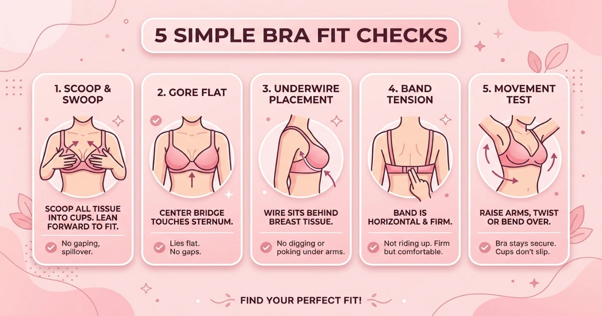 Bra fit test infographic for the 36D vs 36DDD comparison showing five checks focused on cup depth, gore flatness, underwire width, band tension and movement test on the same 36 band