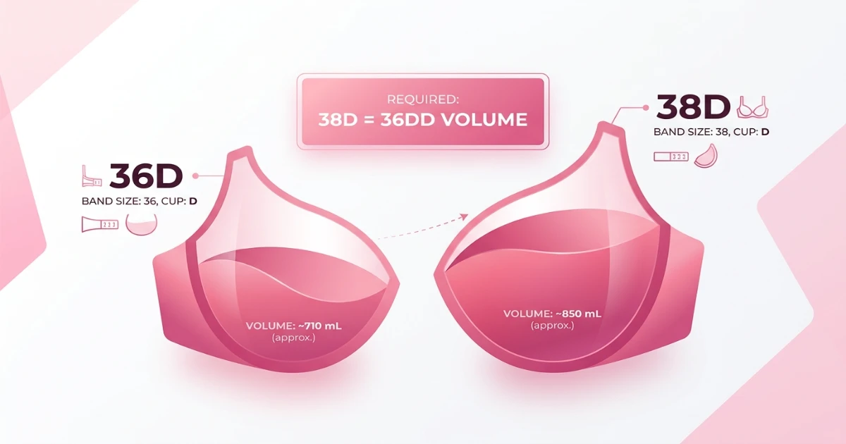 Cup volume comparison diagram for 36D and 38D showing different enclosed volumes with the key note that 38D equals 36DD in cup volume