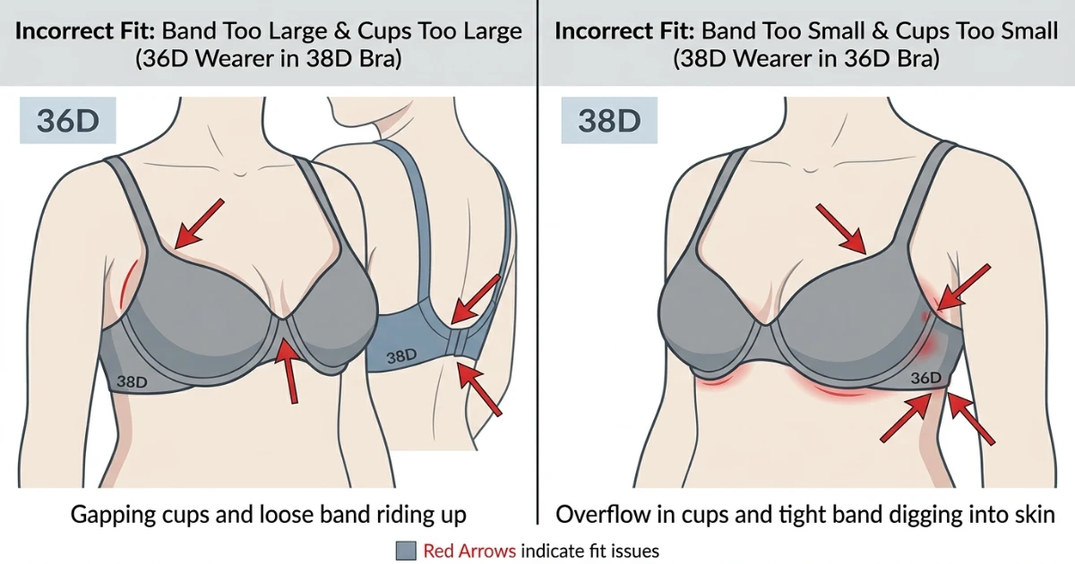 Illustration showing fit issues: a 36D wearer in a 38D with gaping cups and loose band versus a 38D wearer in a 36D with cup overflow and tight band