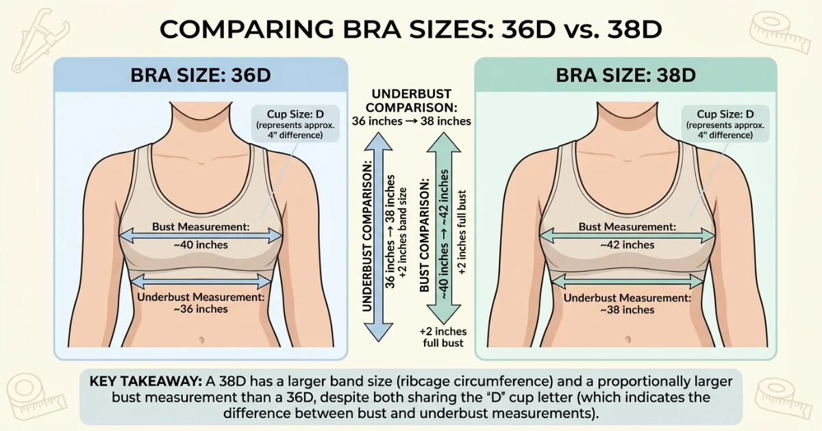 Side-by-side measurement comparison diagram for 36D and 38D bra sizes showing different underbust and bust measurements despite sharing the same D cup letter