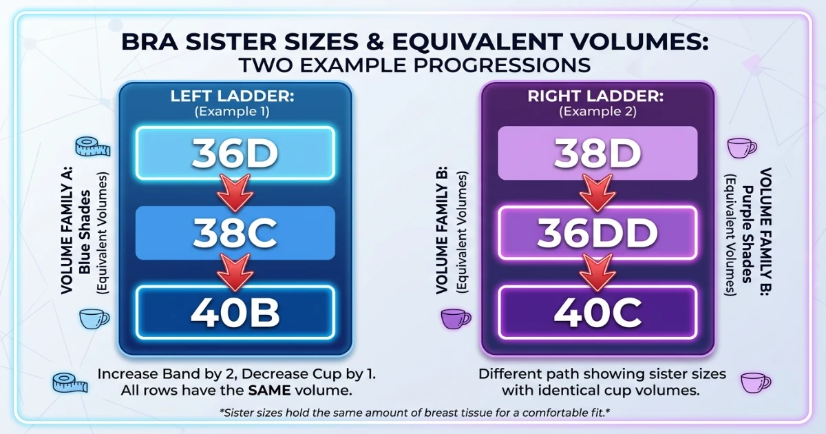 Diagram showing two separate sister size ladders: 36D family (32DDD, 34DD, 36D, 38C, 40B) and 38D family (34DDD, 36DD, 38D, 40C, 42B) confirming they are different volume families