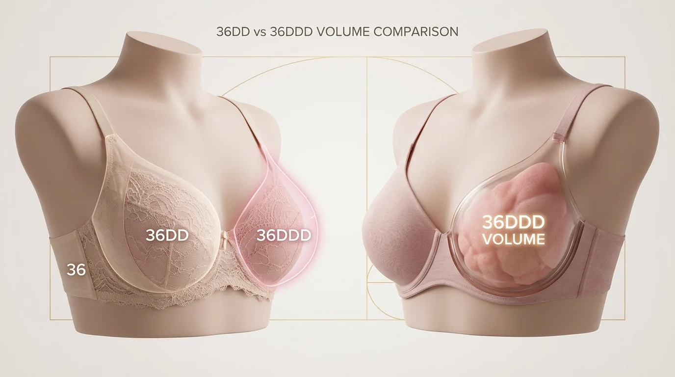 Cup volume comparison for 36DD and 36DDD showing larger same-band cup in 36DDD