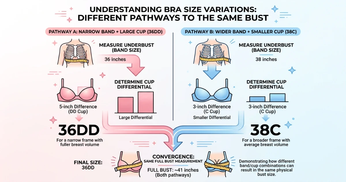Diagram illustrating how 36DD and 38C reach similar bust measurements via different routes: 36DD from a narrow underbust with a large differential versus 38C from a wider underbust with a small differential