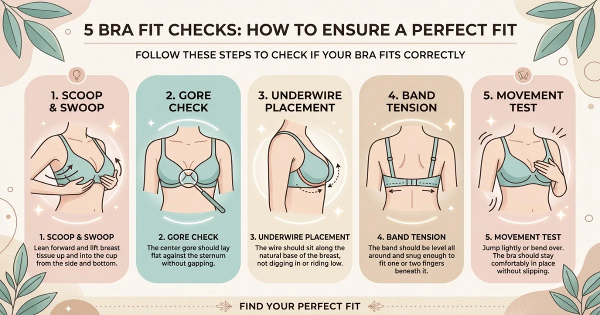 Bra fit test infographic specifically for the 36DD vs 38C comparison showing five checks with annotations about cup depth and underwire width differences