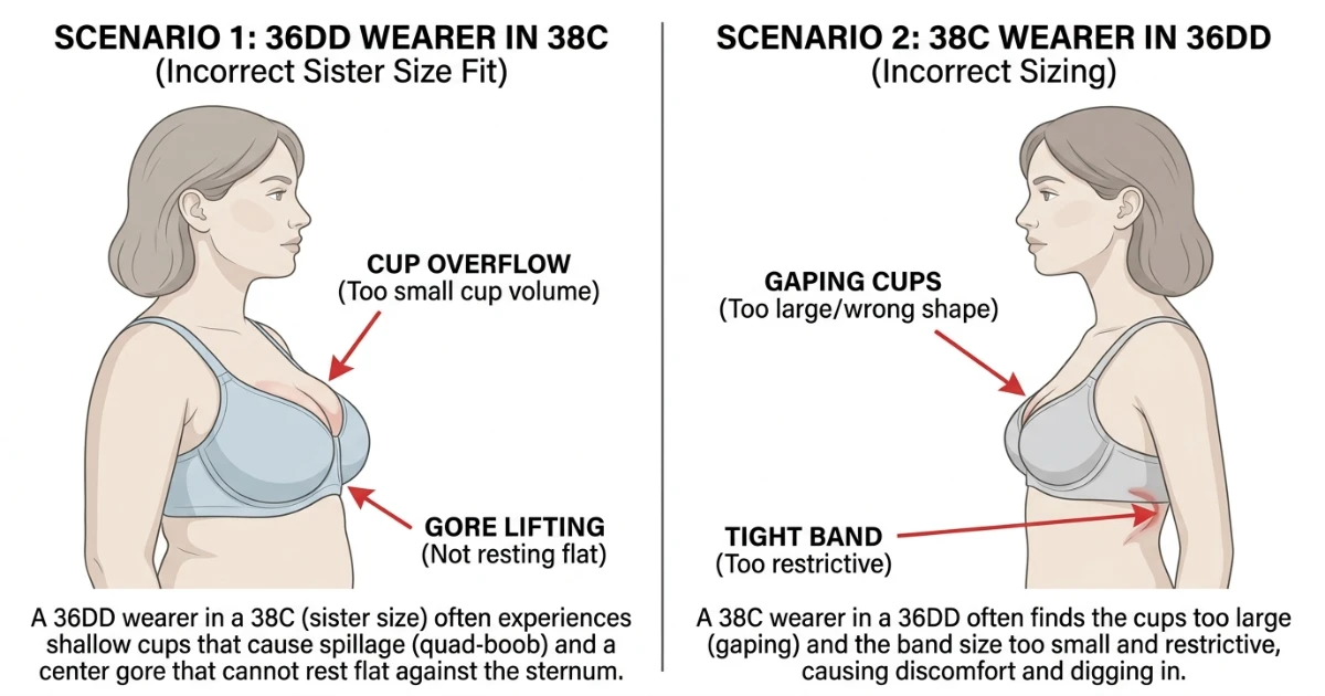 Illustration showing fit problems when 36DD and 38C are worn on the wrong body: 36DD wearer in 38C experiences overflow due to insufficient cup depth; 38C wearer in 36DD experiences gaping and tight band