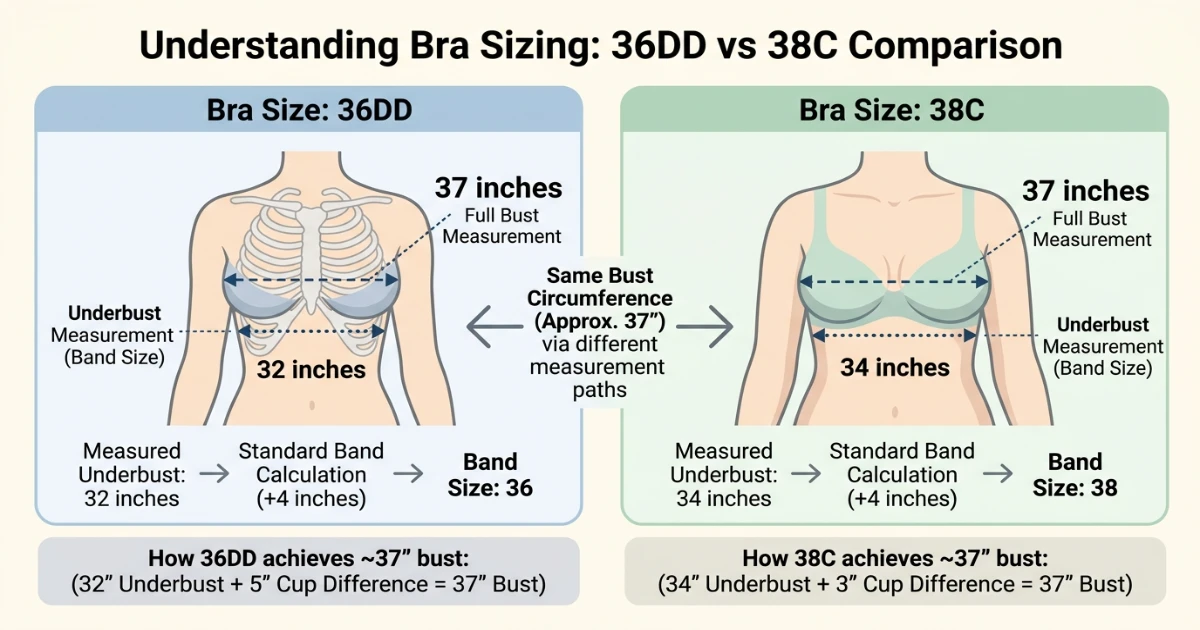 Side-by-side measurement comparison diagram for 36DD and 38C showing similar bust measurements but different underbust measurements, cup differentials and cup volumes
