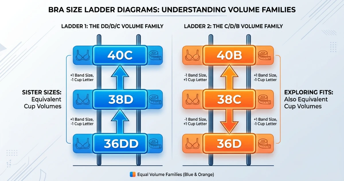 Diagram showing the sister size families of 36DD (34DDD, 36DD, 38D, 40C) and 38C (34DD, 36D, 38C, 40B) as two separate ladders one volume row apart