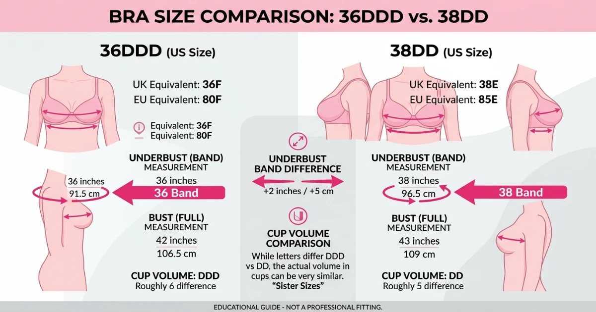 Side-by-side measurement comparison diagram for 36DDD and 38DD bra sizes with underbust and bust measurements labeled in inches and centimetres, including UK and EU equivalents 36F and 38E