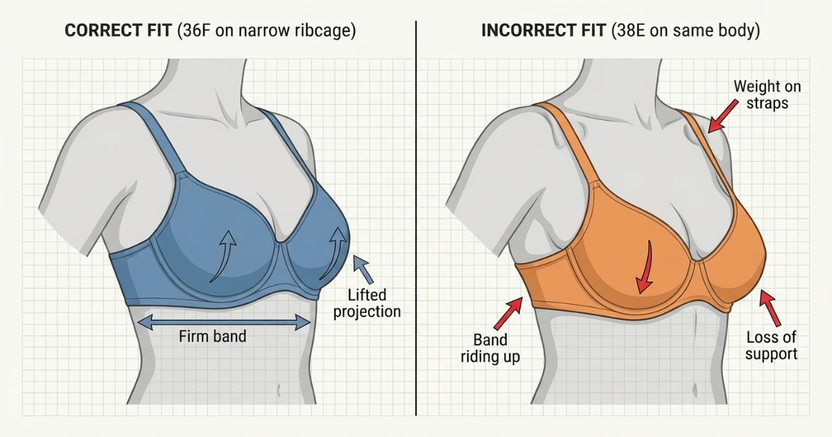 Illustration comparing a correctly fitting 36F on a narrower ribcage versus a 38E band riding up and dropping the full F-cup volume downward on the same body